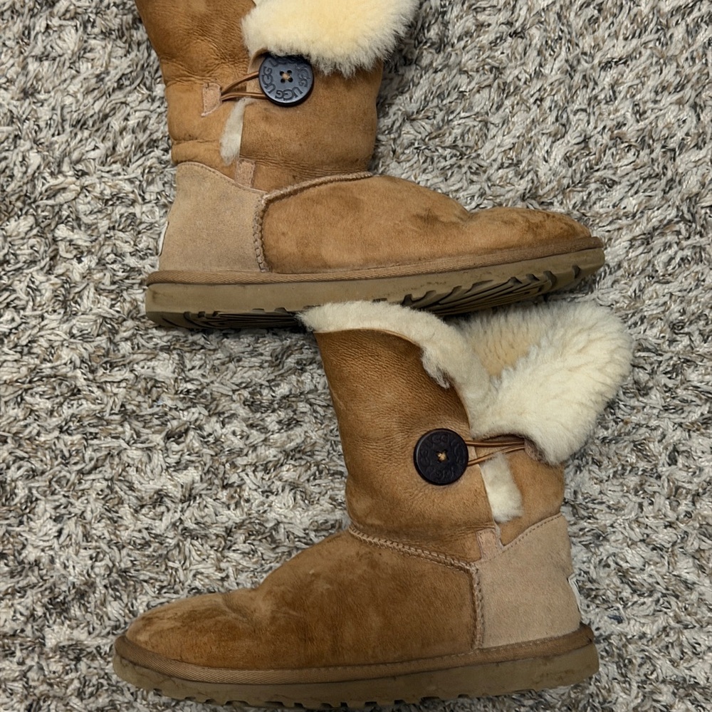 UGG Tan and Cream Shearling Boots with Button